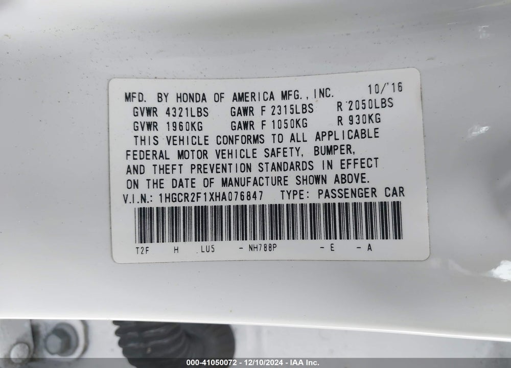 2017 HONDA ACCORD SPORT SE VIN: 1HGCR2F1XHA076847