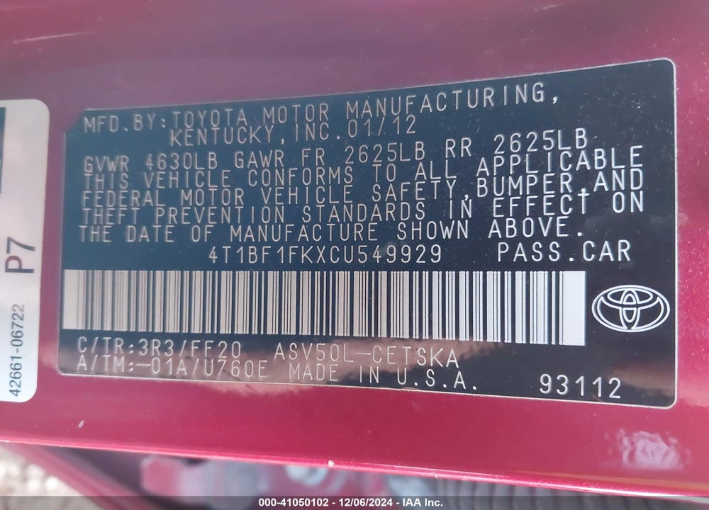 2012 TOYOTA CAMRY VIN: 4T1BF1FKXCU549929