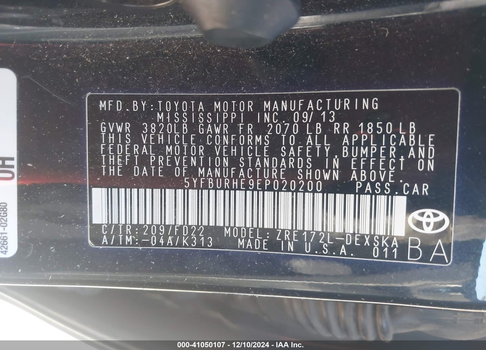 2014 TOYOTA COROLLA S PLUS VIN: 5YFBURHE9EP020200
