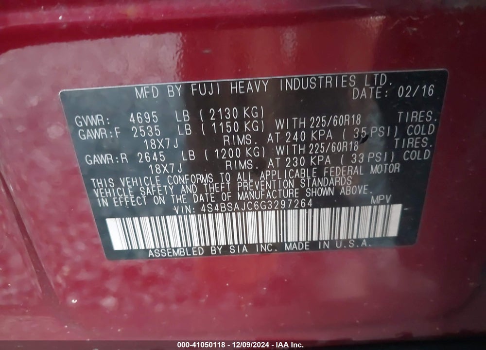 2016 SUBARU OUTBACK 2.5I LIMITED VIN: 4S4BSAJC6G3297264