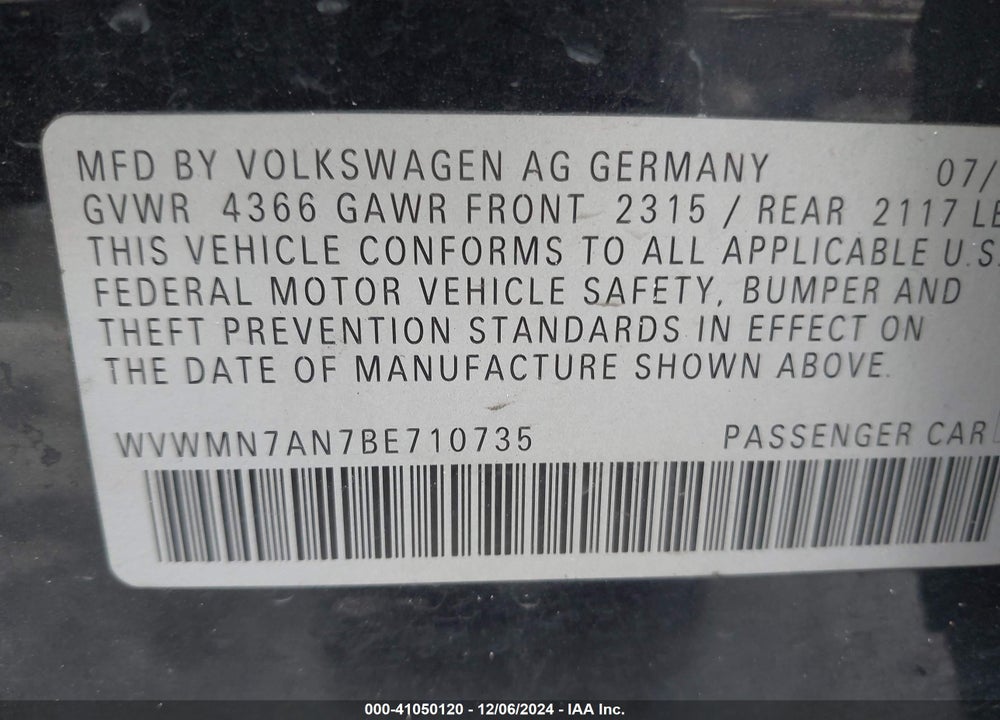 2011 VOLKSWAGEN CC SPORT VIN: WVWMN7AN7BE710735