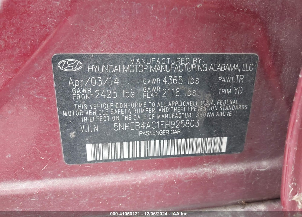 2014 HYUNDAI SONATA VIN: 5NPEB4AC1EH925803