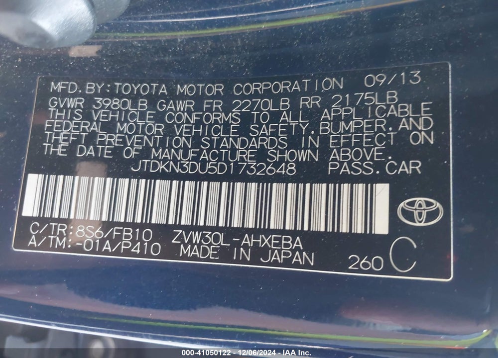 2013 TOYOTA PRIUS TWO VIN: JTDKN3DU5D1732648