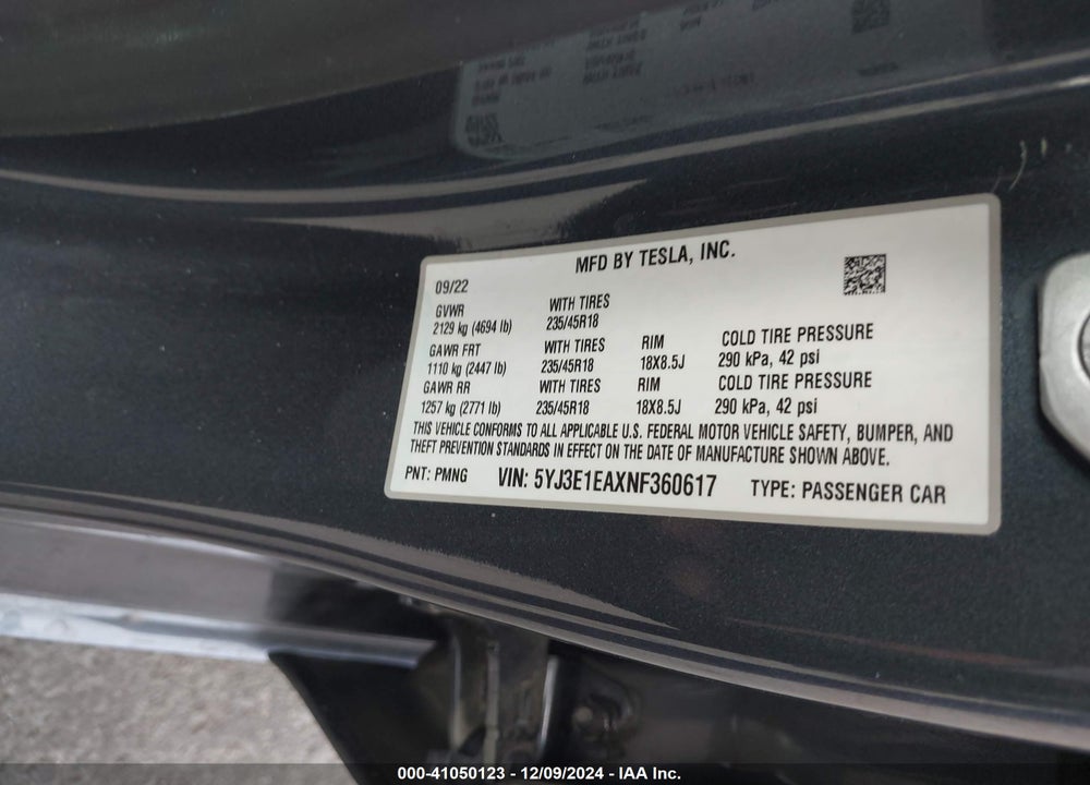 2022 TESLA MODEL 3 REAR-WHEEL DRIVE VIN: 5YJ3E1EAXNF360617