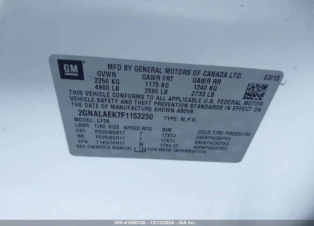 2015 CHEVROLET EQUINOX VIN: 2GNALAEK7F1152230
