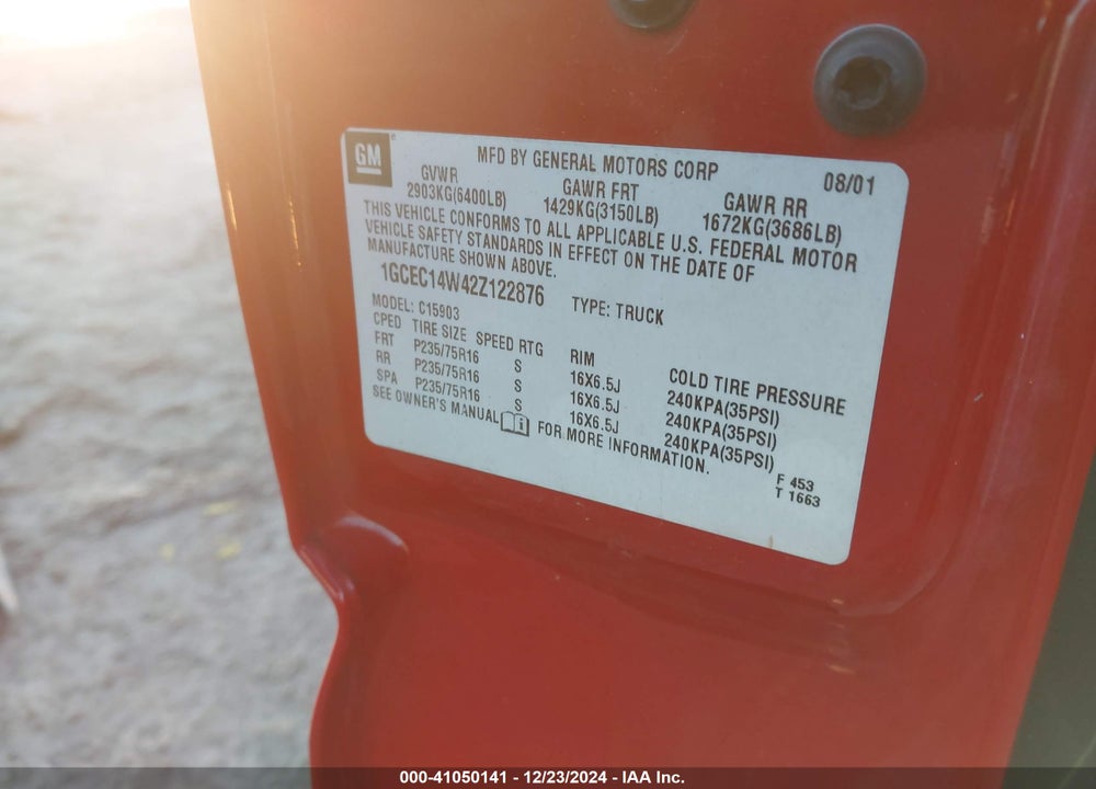 2002 CHEVROLET SILVERADO 1500 VIN: 1GCEC14W42Z122876