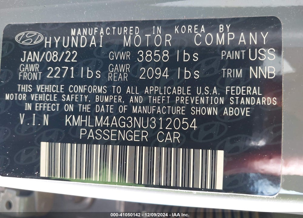 2022 HYUNDAI ELANTRA VIN: KMHLM4AG3NU312054