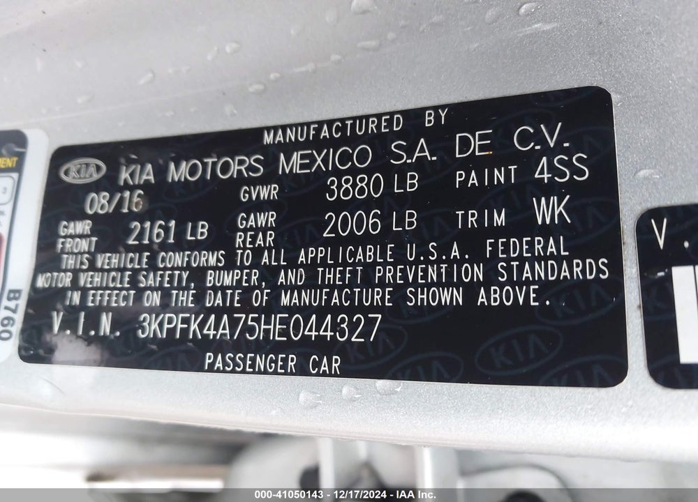 2017 KIA FORTE VIN: 3KPFK4A75HE044327