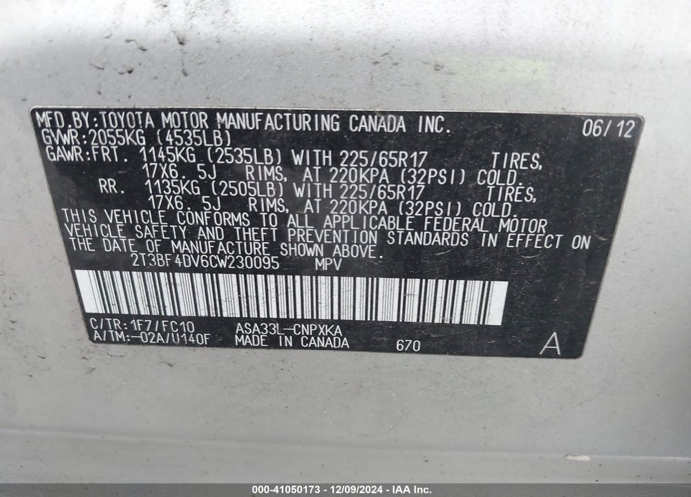 2012 TOYOTA RAV4 VIN: 2T3BF4DV6CW230095