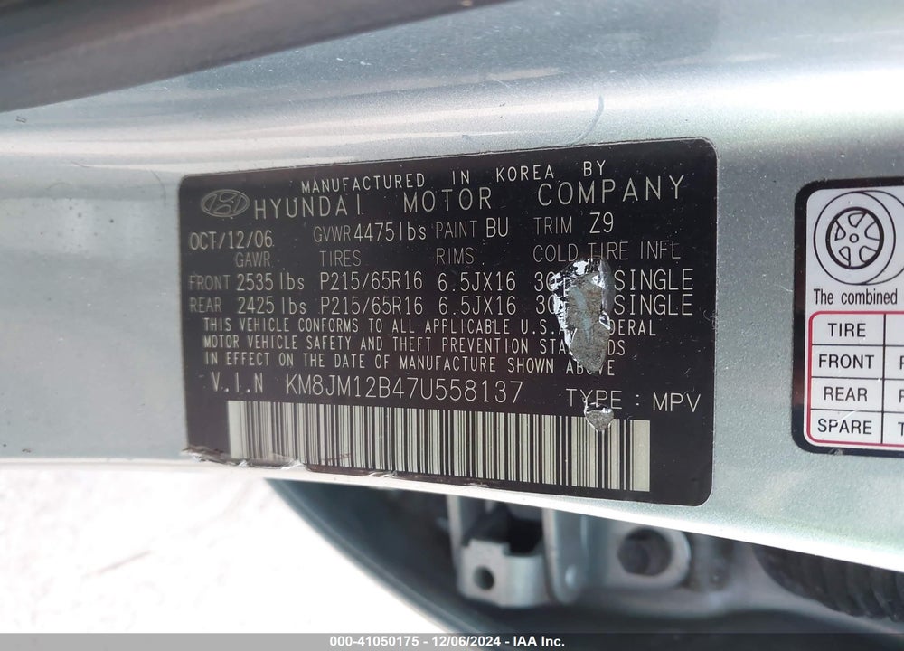 2007 HYUNDAI TUCSON GLS VIN: KM8JM12B47U558137