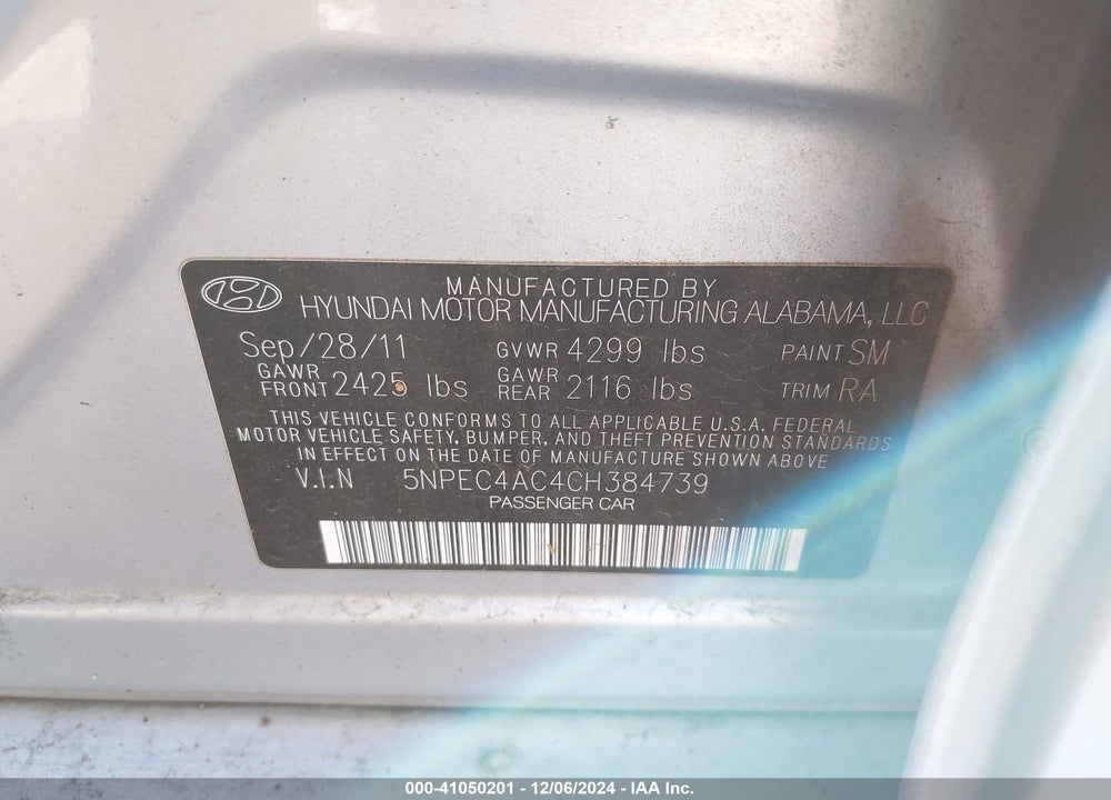 2012 HYUNDAI SONATA SE VIN: 5NPEC4AC4CH384739