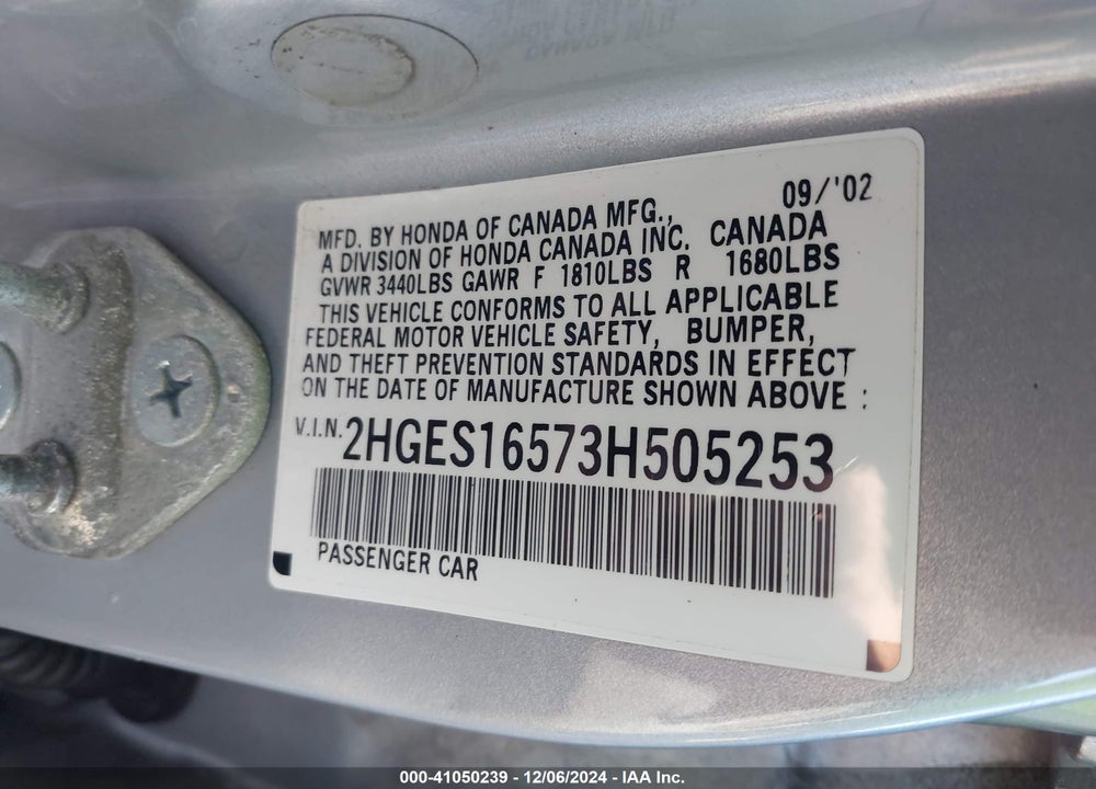 2003 HONDA CIVIC LX VIN: 2HGES16573H505253