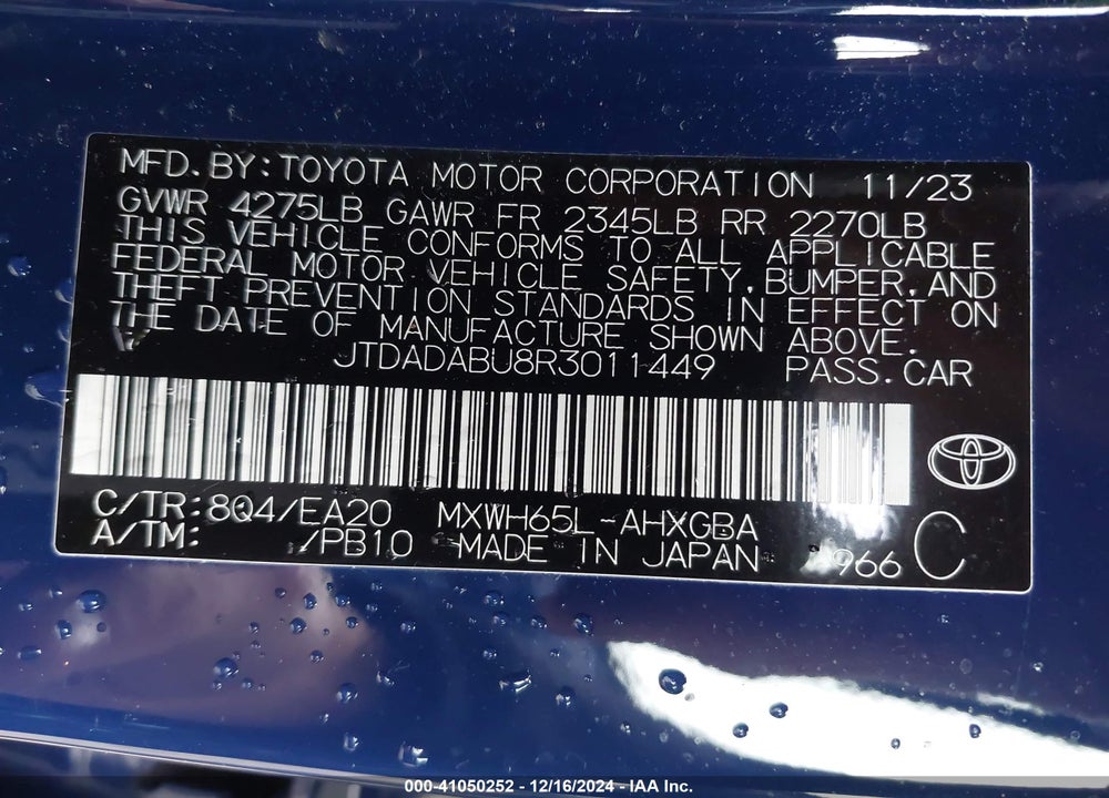 2024 TOYOTA PRIUS XLE AWD-E VIN: JTDADABU8R3011449
