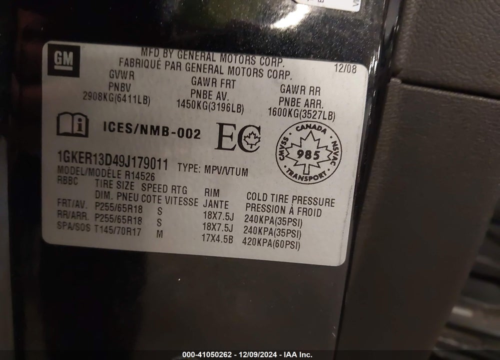 2009 GMC ACADIA VIN: 1GKER13D49J179011