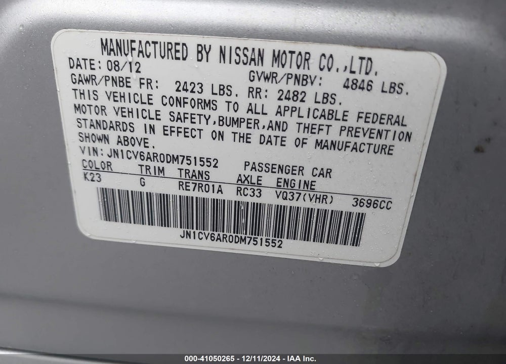 2013 INFINITI G37X VIN: JN1CV6AR0DM751552