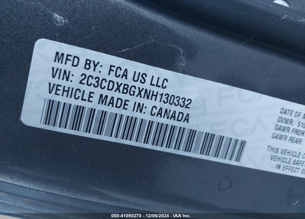 2022 DODGE CHARGER SXT RWD VIN: 2C3CDXBGXNH130332