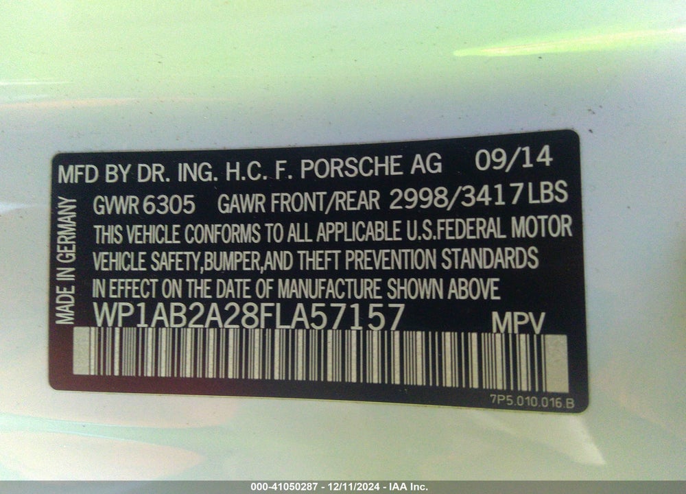 2015 PORSCHE CAYENNE S VIN: WP1AB2A28FLA57157