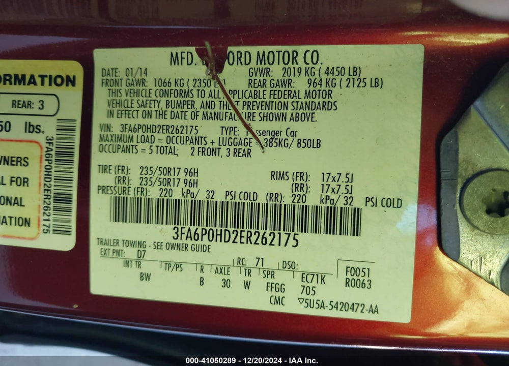 2014 FORD FUSION SE VIN: 3FA6P0HD2ER262175