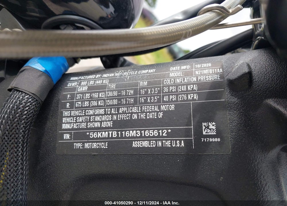 2021 INDIAN MOTORCYCLE CO. SCOUT BOBBER SIXTY VIN: 56KMTB116M3165612