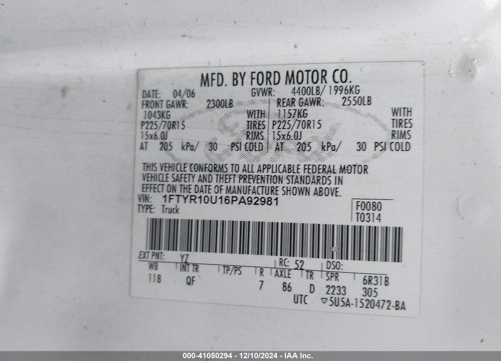 2006 FORD RANGER SPORT/STX/XL/XLT VIN: 1FTYR10U16PA92981