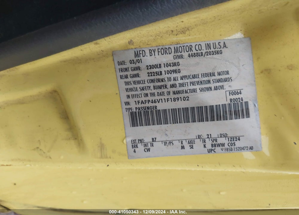 2001 FORD MUSTANG COBRA VIN: 1FAFP46V11F189102