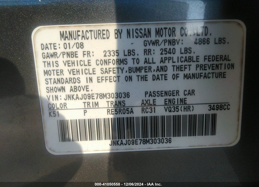 2008 INFINITI EX35 JOURNEY VIN: JNKAJ09E78M303036