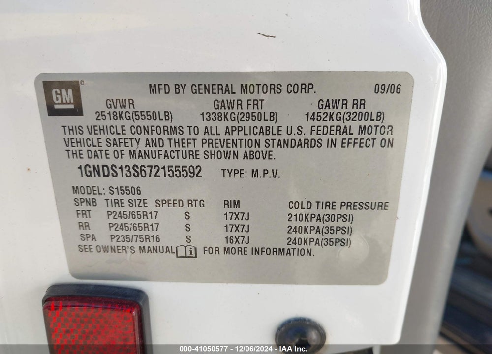 2007 CHEVROLET TRAILBLAZER LS VIN: 1GNDS13S672155592