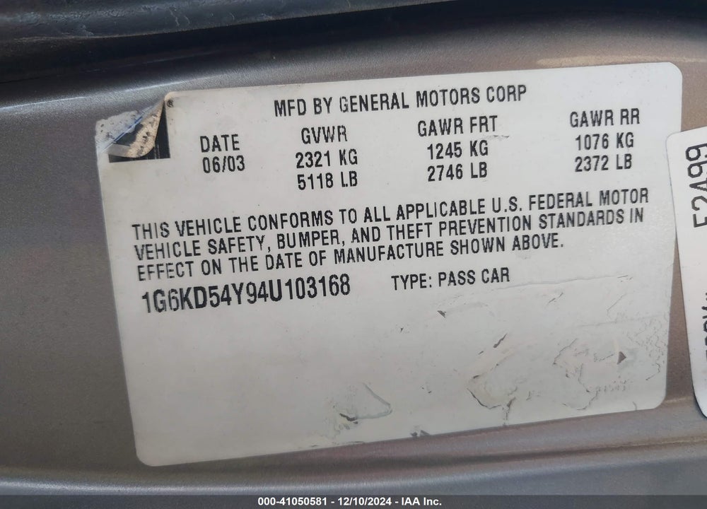 2004 CADILLAC DEVILLE STANDARD VIN: 1G6KD54Y94U103168