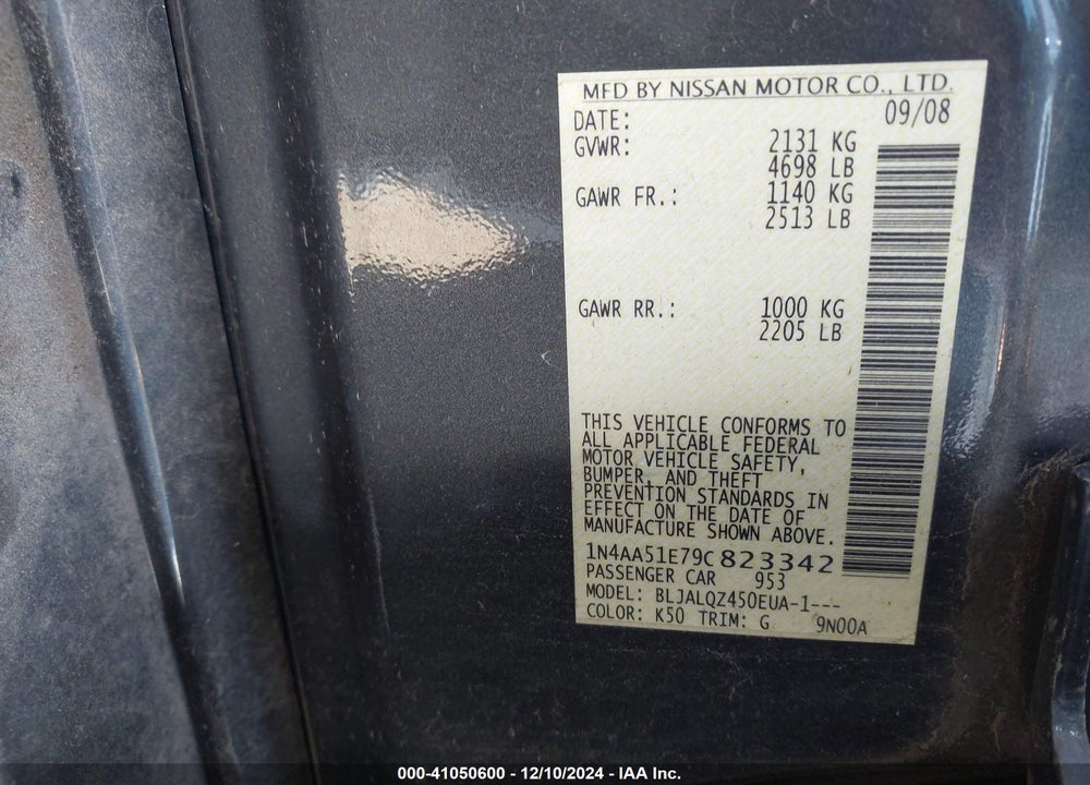 2009 NISSAN MAXIMA 3.5 S VIN: 1N4AA51E79C823342