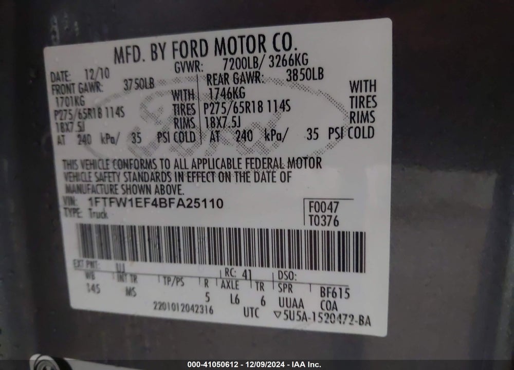2011 FORD F-150 XLT VIN: 1FTFW1EF4BFA25110
