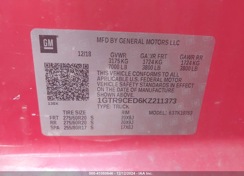 2019 GMC SIERRA VIN: 1GTR9CED6KZ211373
