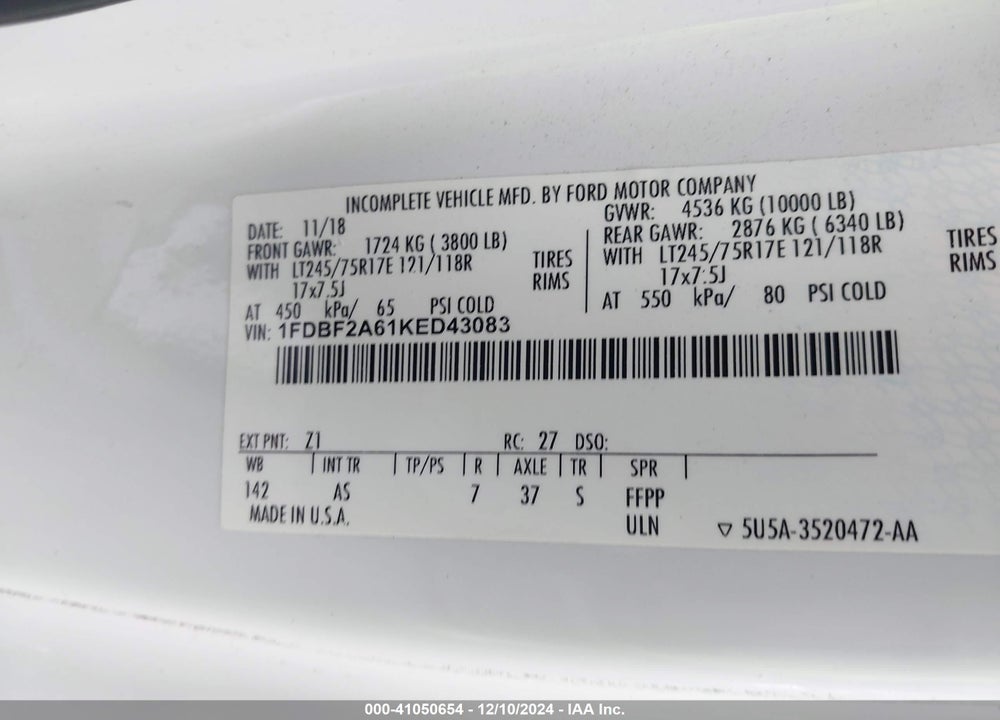 2019 FORD F-250 XL VIN: 1FDBF2A61KED43083