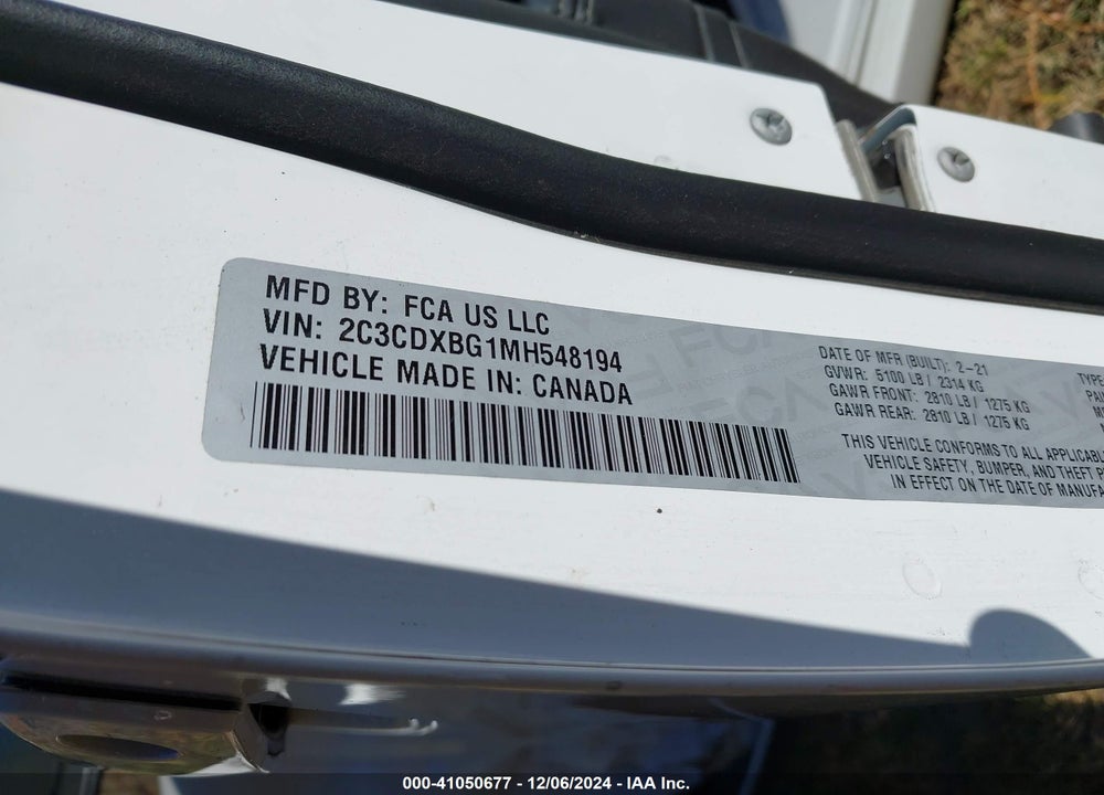 2021 DODGE CHARGER SXT RWD VIN: 2C3CDXBG1MH548194