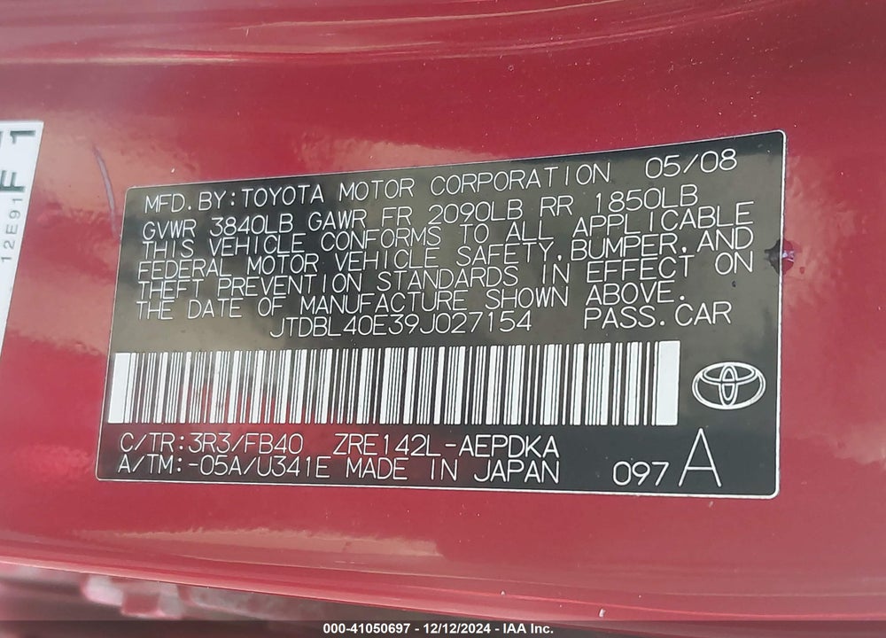 2009 TOYOTA COROLLA LE VIN: JTDBL40E39J027154