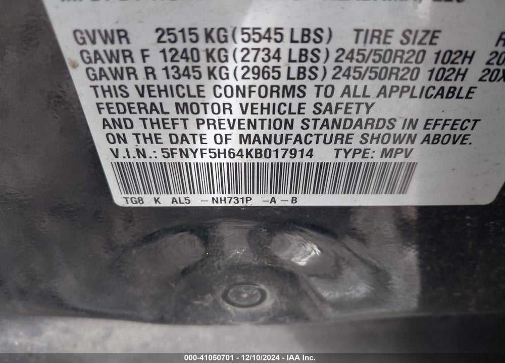 2019 HONDA PILOT TOURING VIN: 5FNYF5H64KB017914