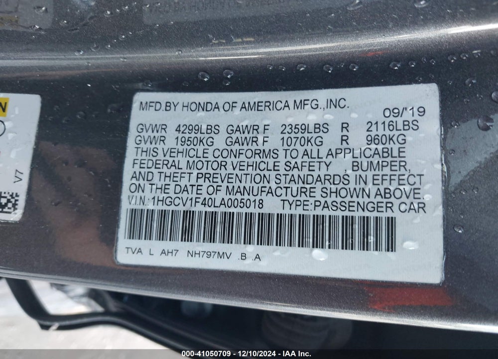 2020 HONDA ACCORD EX VIN: 1HGCV1F40LA005018