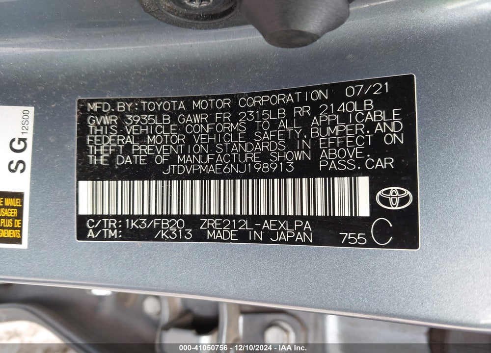 2022 TOYOTA COROLLA VIN: JTDVPMAE6NJ198913