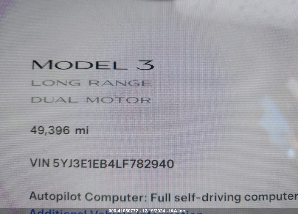 2020 TESLA MODEL 3 LONG RANGE DUAL MOTOR ALL-WHEEL DRIVE VIN: 5YJ3E1EB4LF782940