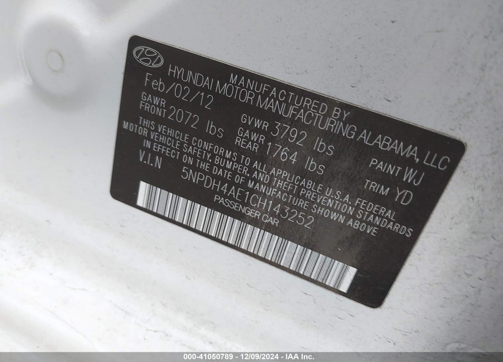 2012 HYUNDAI ELANTRA GLS VIN: 5NPDH4AE1CH143252
