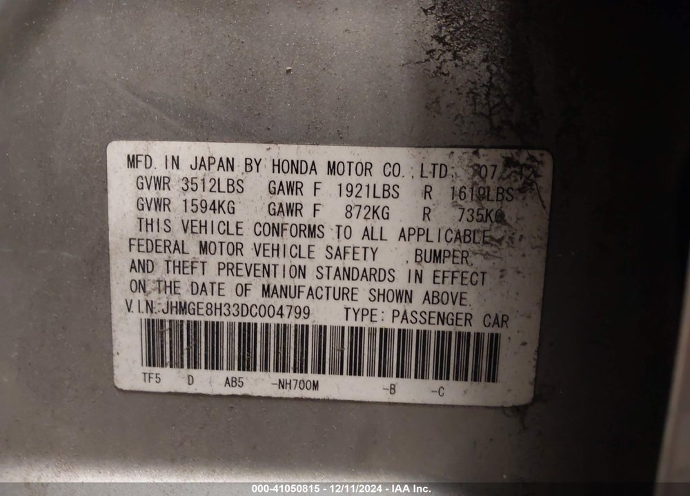 2013 HONDA FIT VIN: JHMGE8H33DC004799