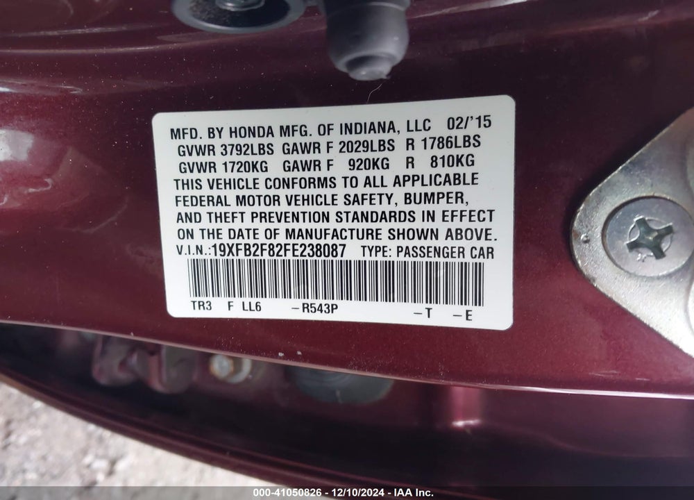 2015 HONDA CIVIC EX VIN: 19XFB2F82FE238087