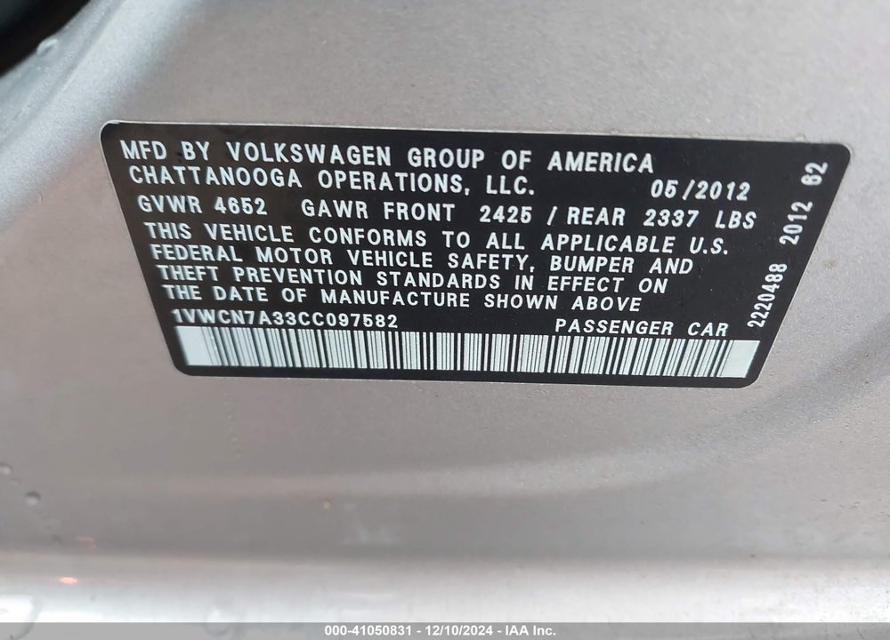 2012 VOLKSWAGEN PASSAT 2.0L TDI SEL PREMIUM VIN: 1VWCN7A33CC097582