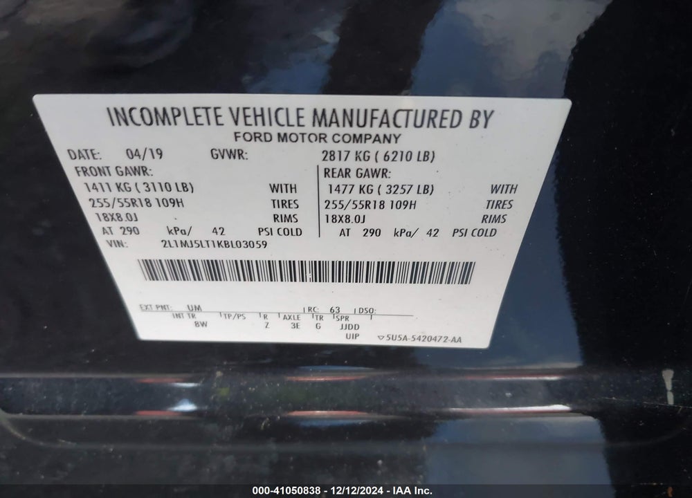 2019 LINCOLN MKT LIMO/HEARSE VIN: 2L1MJ5LT1KBL03059