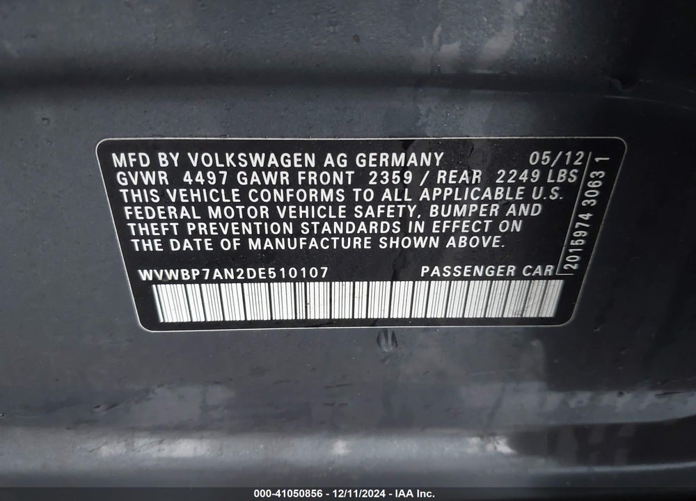 2013 VOLKSWAGEN CC 2.0T SPORT VIN: WVWBP7AN2DE510107