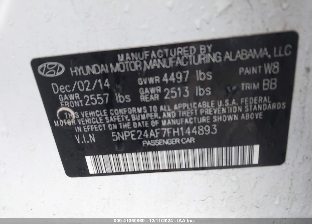 2015 HYUNDAI SONATA SE VIN: 5NPE24AF7FH144893