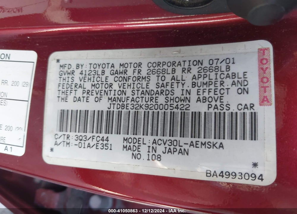 2002 TOYOTA CAMRY SE VIN: JTDBE32K920005422