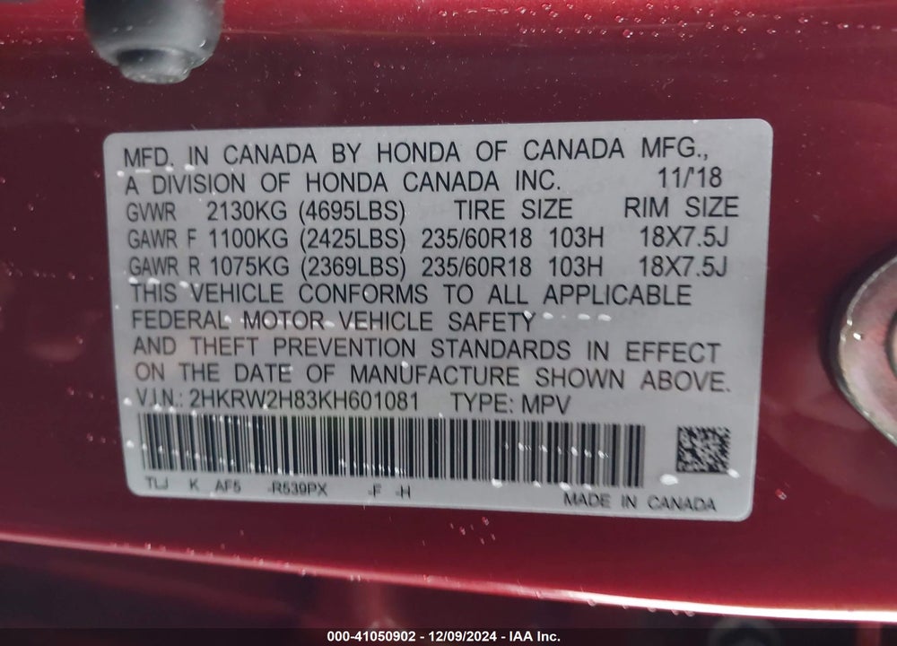 2019 HONDA CR-V VIN: 2HKRW2H83KH601081