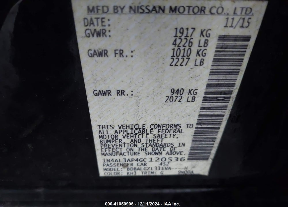 2016 NISSAN ALTIMA 2.5 S VIN: 1N4AL3AP4GC120536