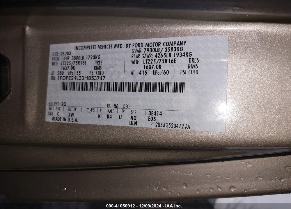 2003 FORD E-250 RECREATIONAL VIN: 1FDPE24L33HB53747