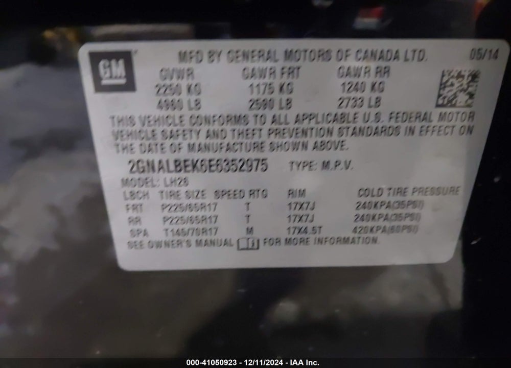 2014 CHEVROLET EQUINOX 1LT VIN: 2GNALBEK6E6352975